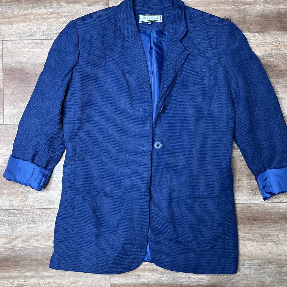 Vintage Navy Blue Silk & Linen Textured Blazer, Size 6